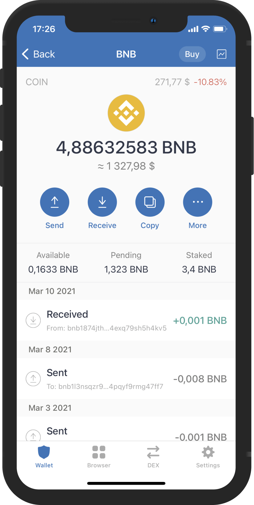 Shows a mockup how binance looks like in the trust wallet interface