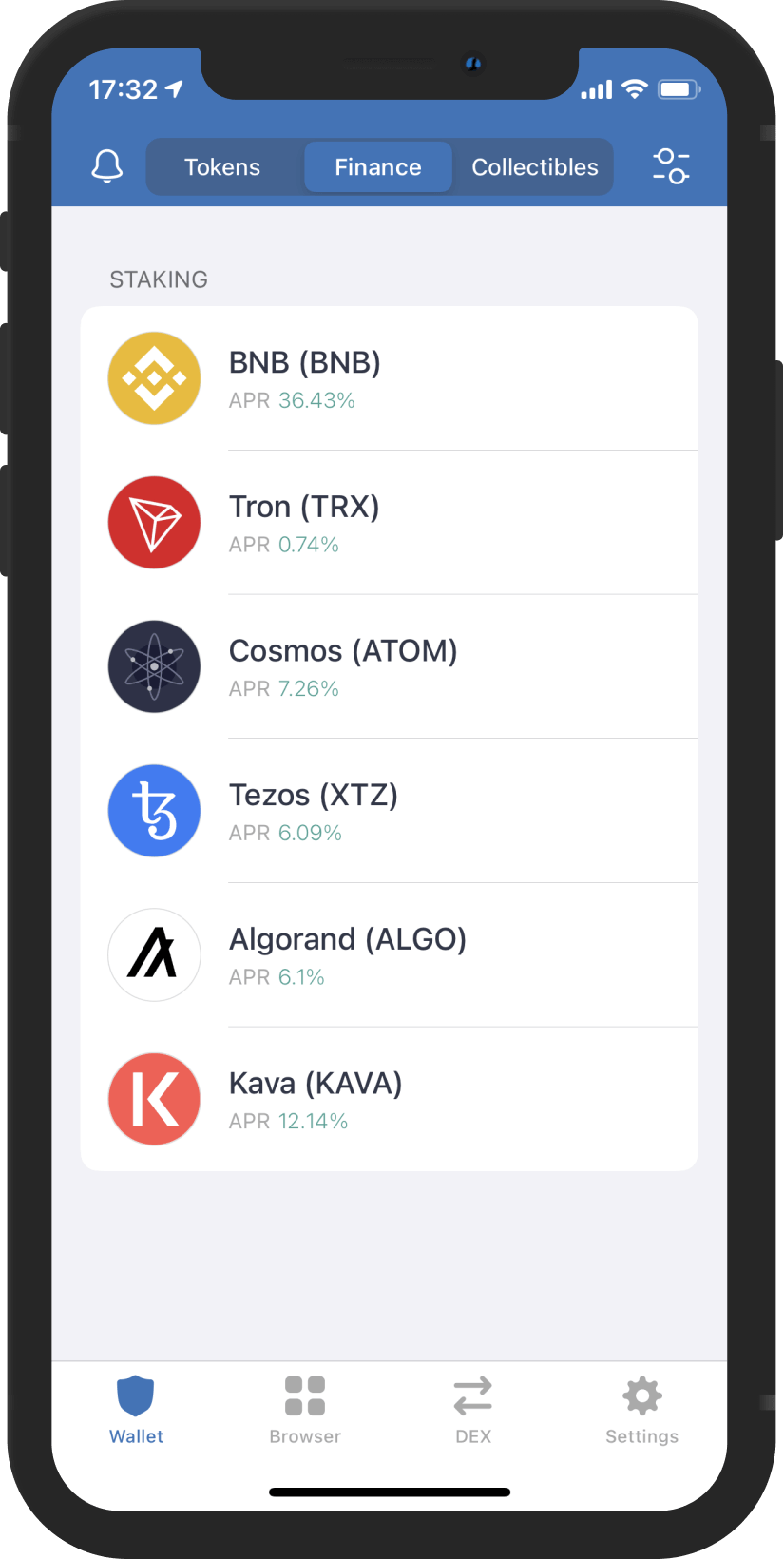 Shows a mockup how binance look like in the trust wallet interface