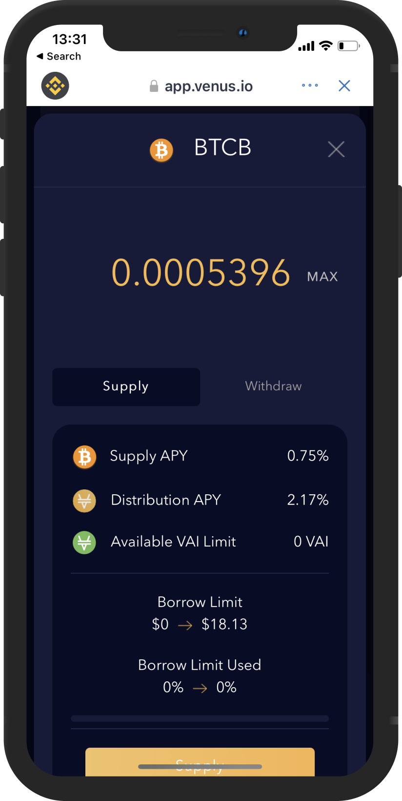 Shows a mockup how bitcoin looks like in the trust wallet interface