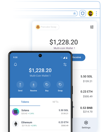 Mockup that shows the Trust Wallet mobile app next to the browser extension