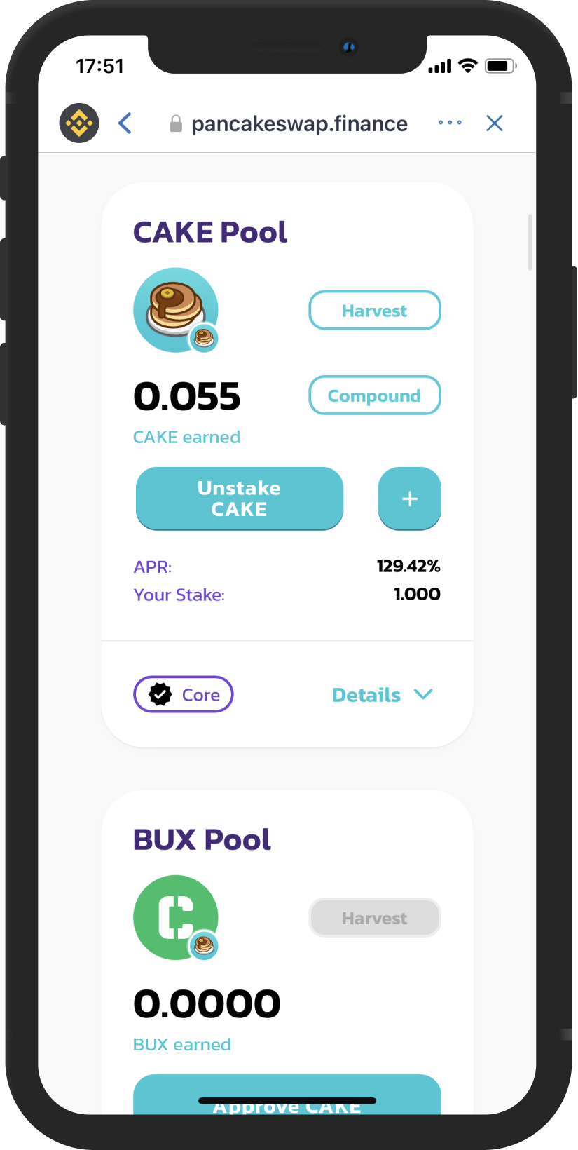 Shows a mockup how cake look like in the trust wallet interface