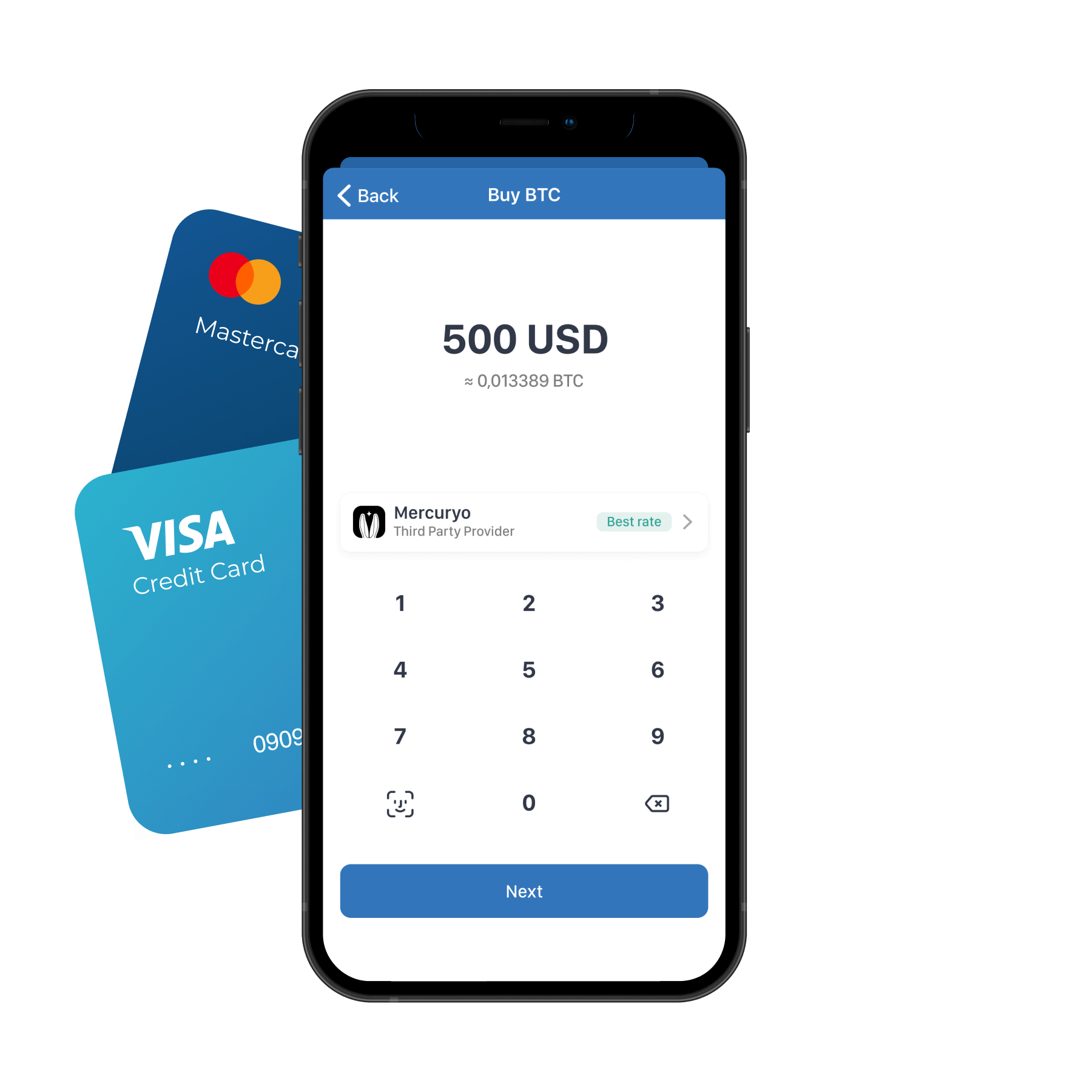 Trust Wallet mobile mockup shows how it looks like to buy crypto with credit card