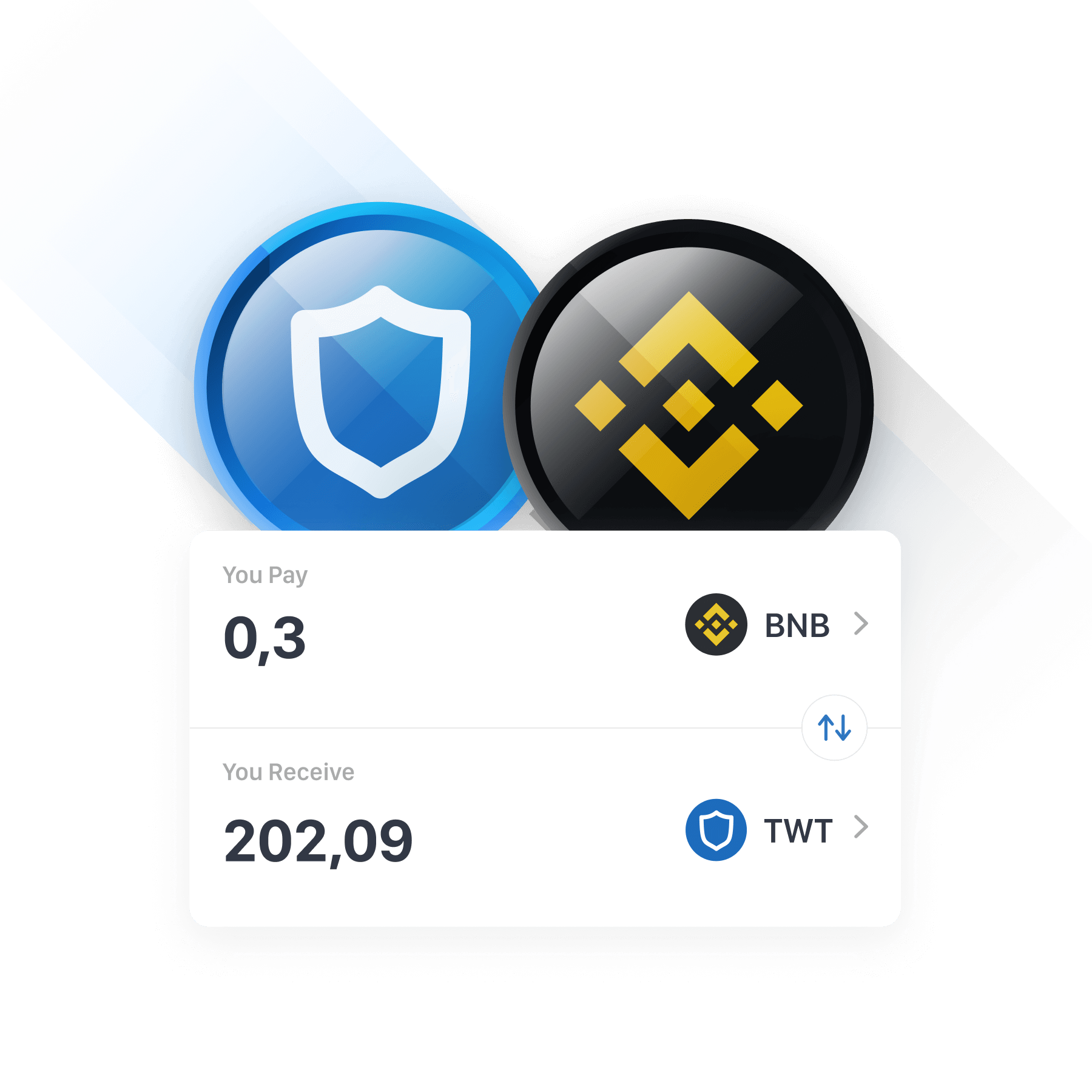 Trust Wallet mobile mockup shows an example how swapping cryptocurrencies looks like