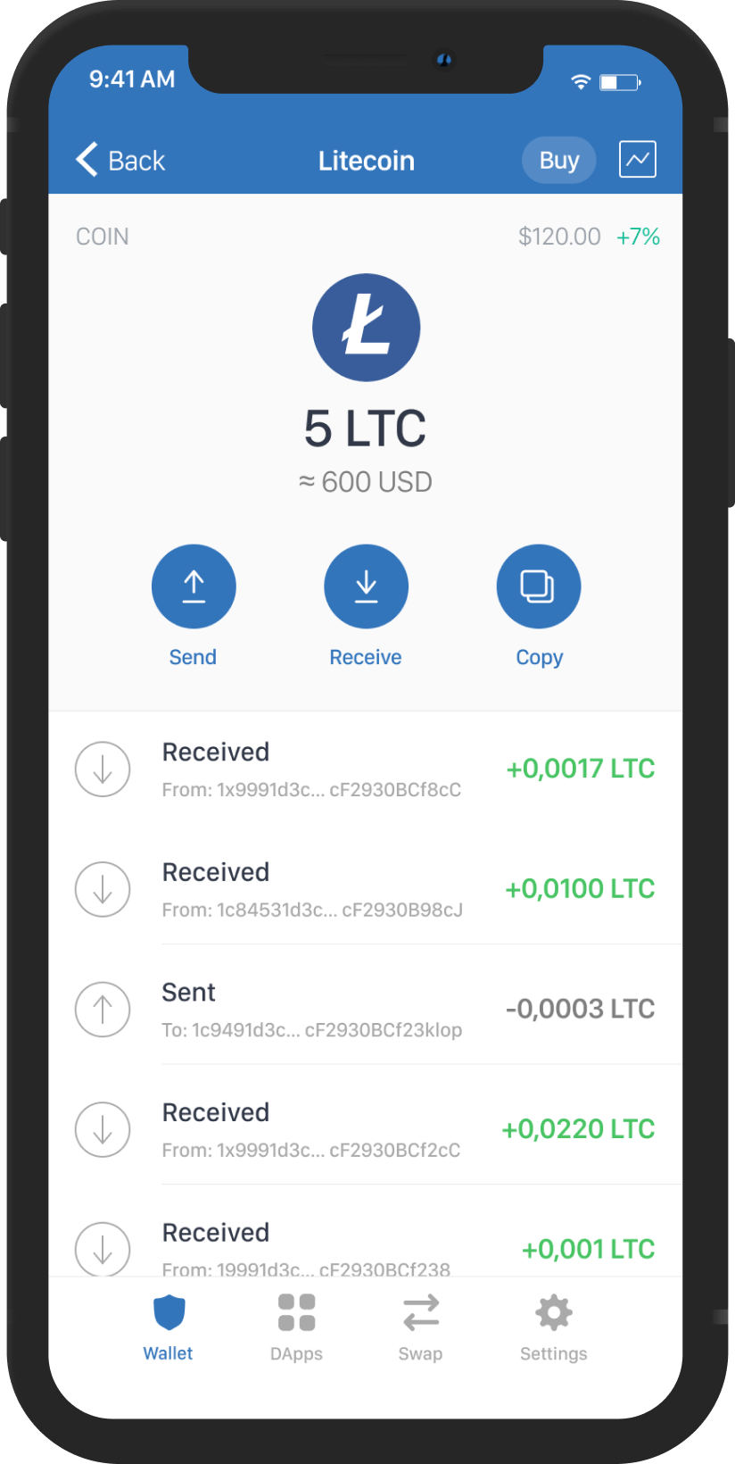 Mobile mockup that shows how to use litecoin with Trust Wallet