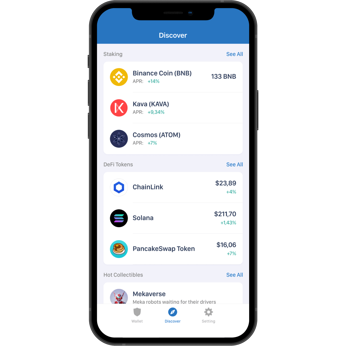 Trust Wallet mobile mockup shows how it looks like to stake crypto with multiple pools