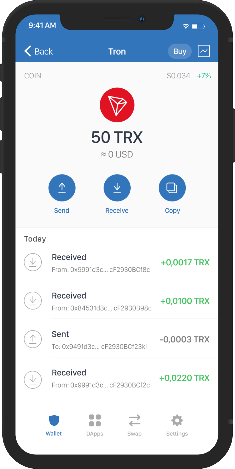 Mobile mockup that shows how to use tron with Trust Wallet
